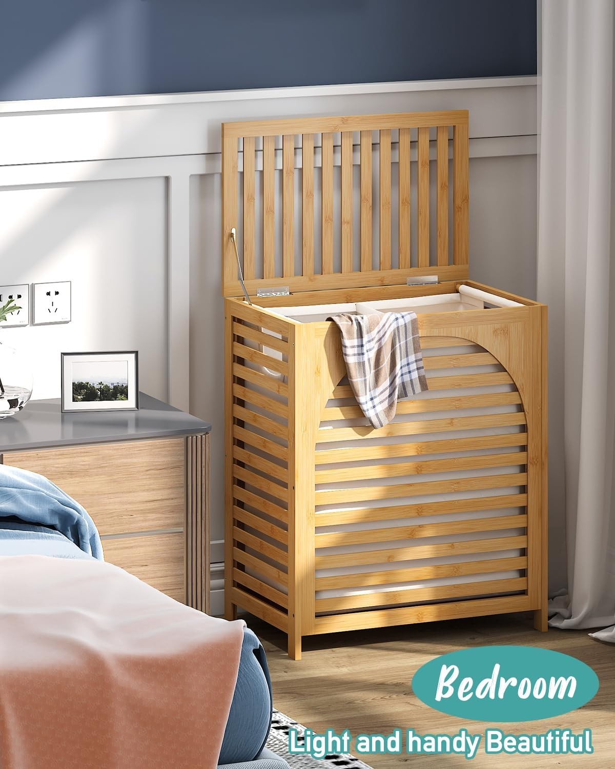 Natural Bamboo Laundry Hamper XL 103L with Lid & Removable Liner | Ventilated Ba