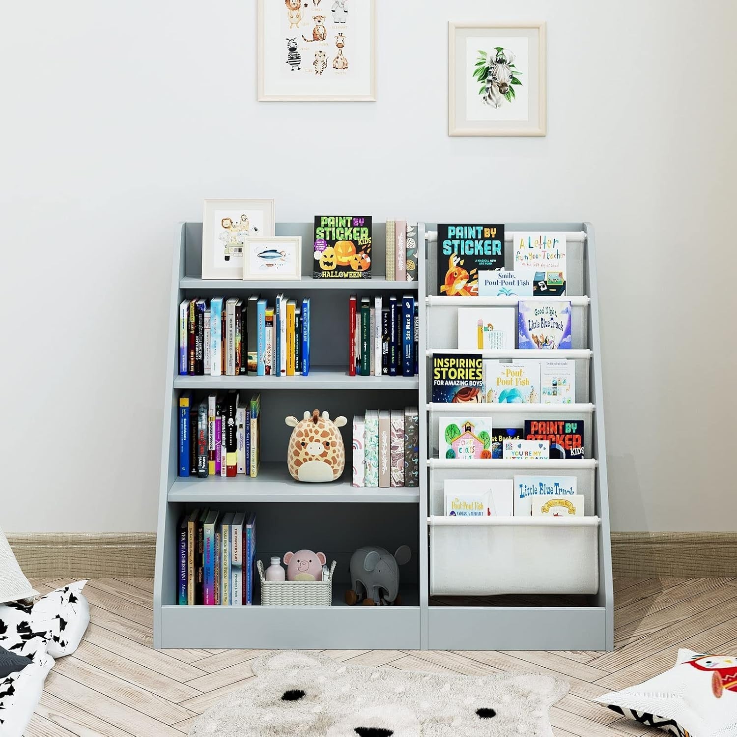 Kids Bookshelf 5 Tier Wooden Book Rack Toy Storage Organizer Grey