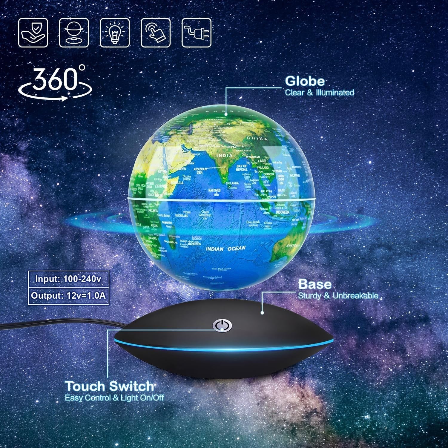 Magnetic Floating Globe Blue, 6" Rotating World Map LED Night Light