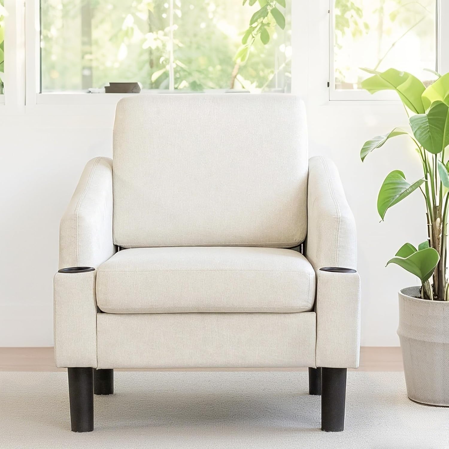 Beige Fabric Accent Armchair with Cup Holders – Comfy Living Room Seat
