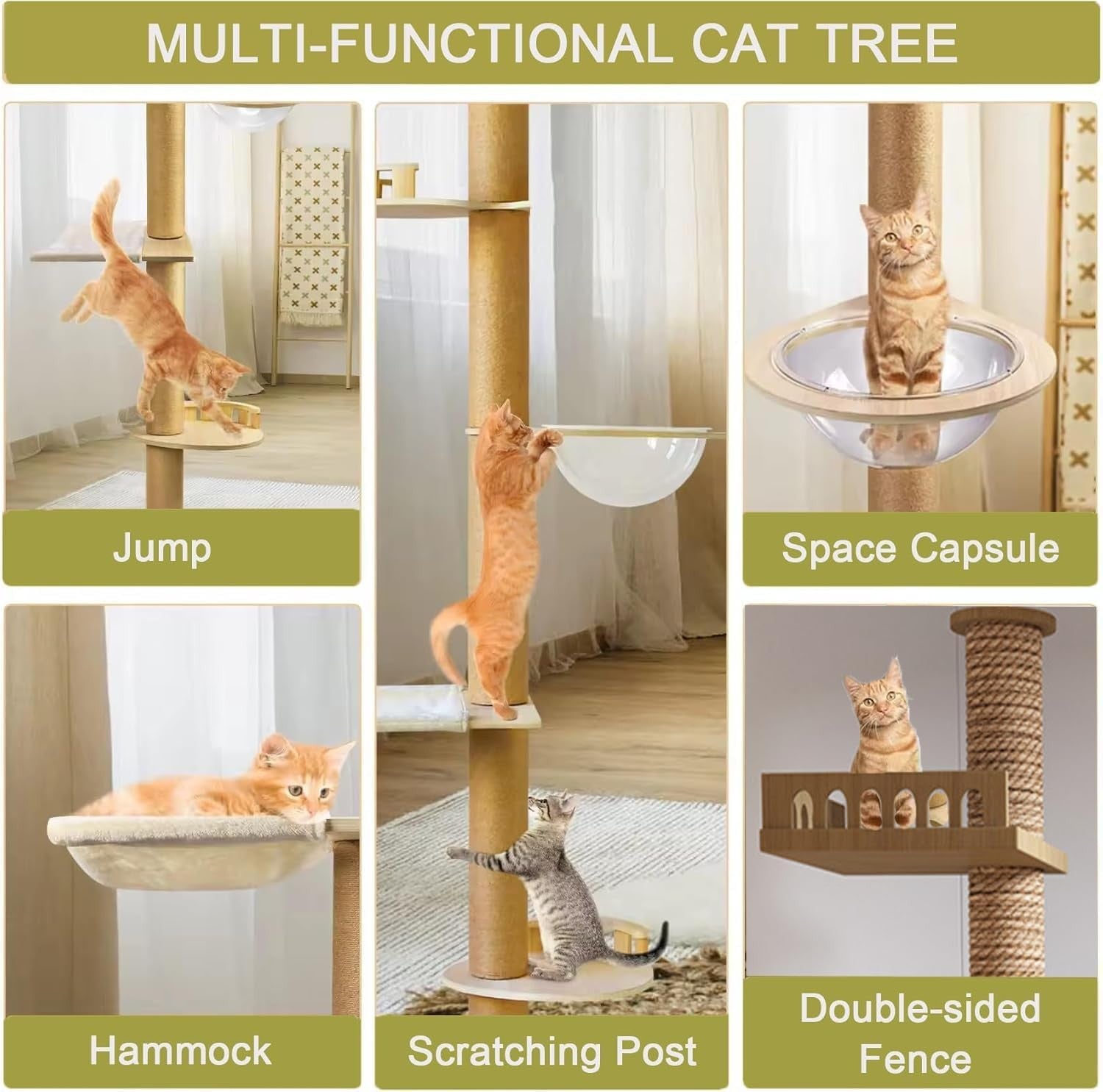Floor to Ceiling Cat Tree Adjustable 5 Level Tower Sisal Posts Capsule Hammock