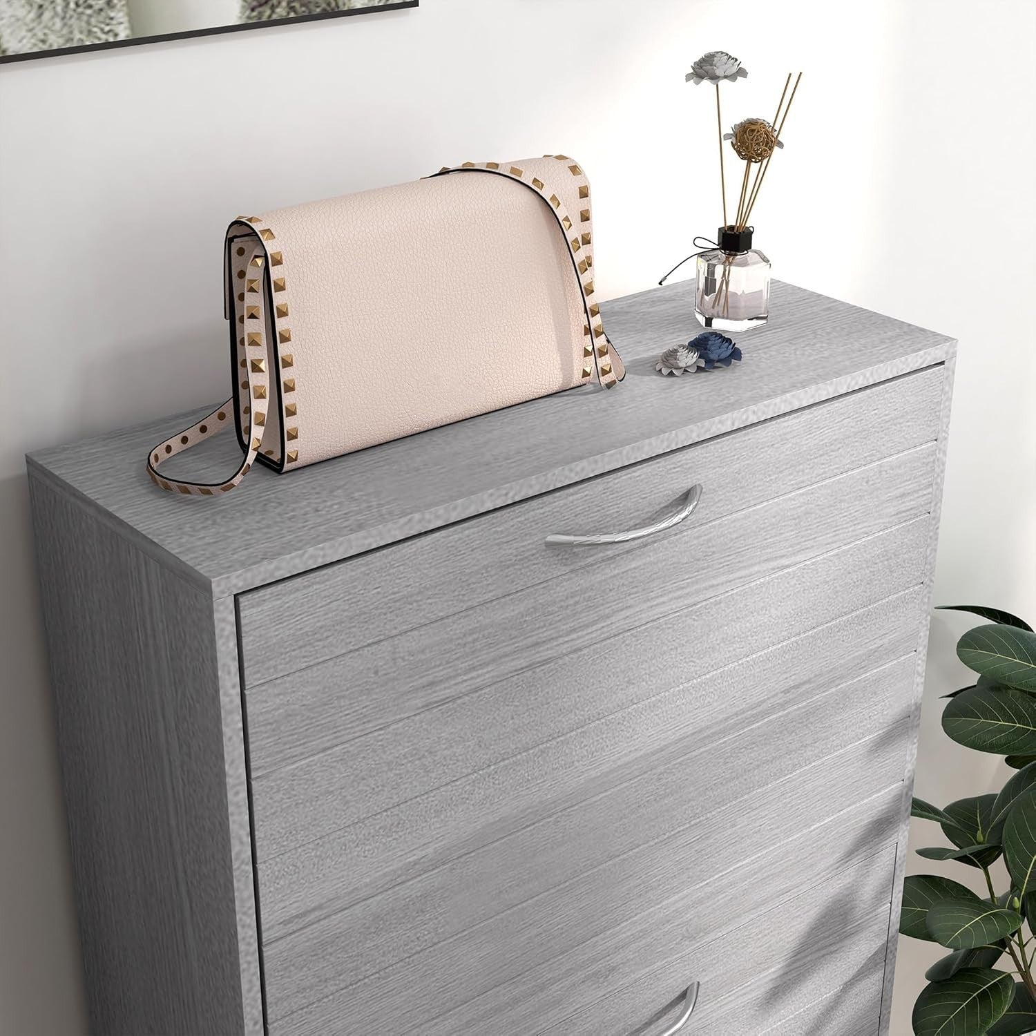 Slim Grey Shoe Cabinet – 3 Flip Drawers, 12 Pair Storage, Narrow Hallway Unit