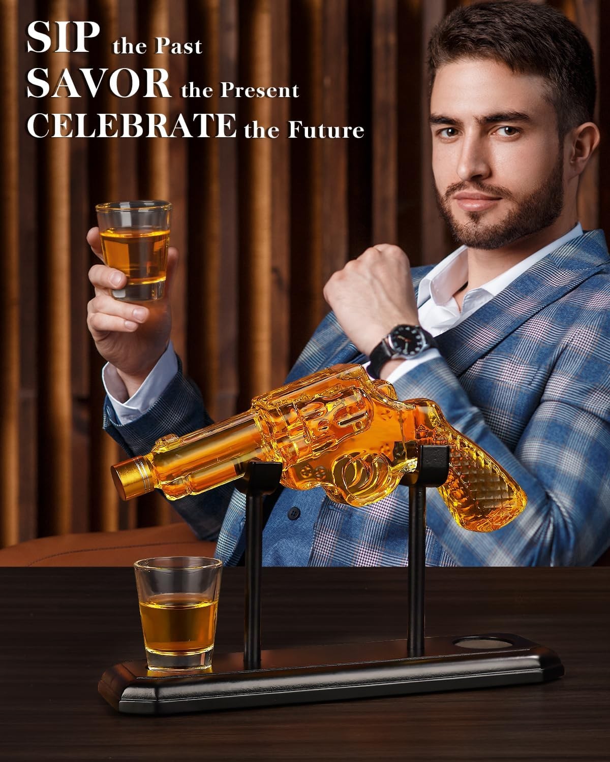Revolver Whiskey Decanter Set with Shot Glasses 275ml Novelty Gift for Men Bar