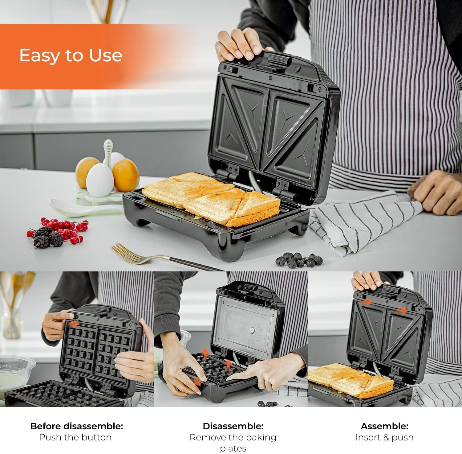 3-in-1 Sandwich Maker Waffle Panini Toastie Non-Stick Auto Temp 750W