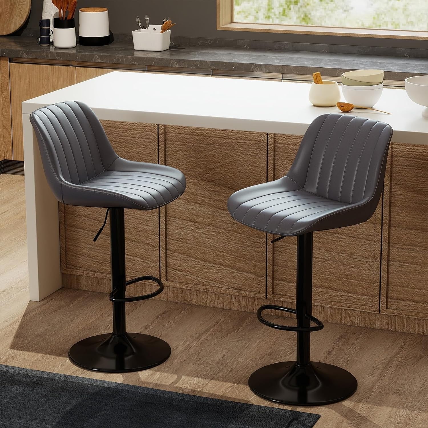 Adjustable Bar Stools Set of 2 Swivel PU Leather Counter Chairs