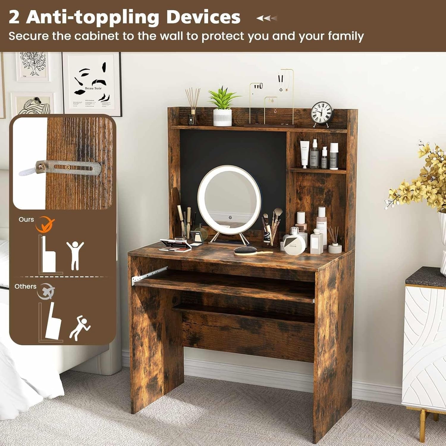 Rustic Brown Computer Desk with Hutch & Keyboard Tray Home Office Table