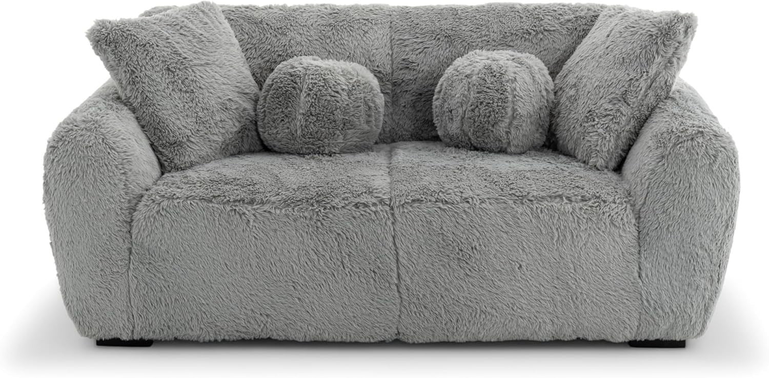 Grey Teddy 2 Seater Sofa Deep Seat Fluffy Faux Fur Comfy Lounge Couch