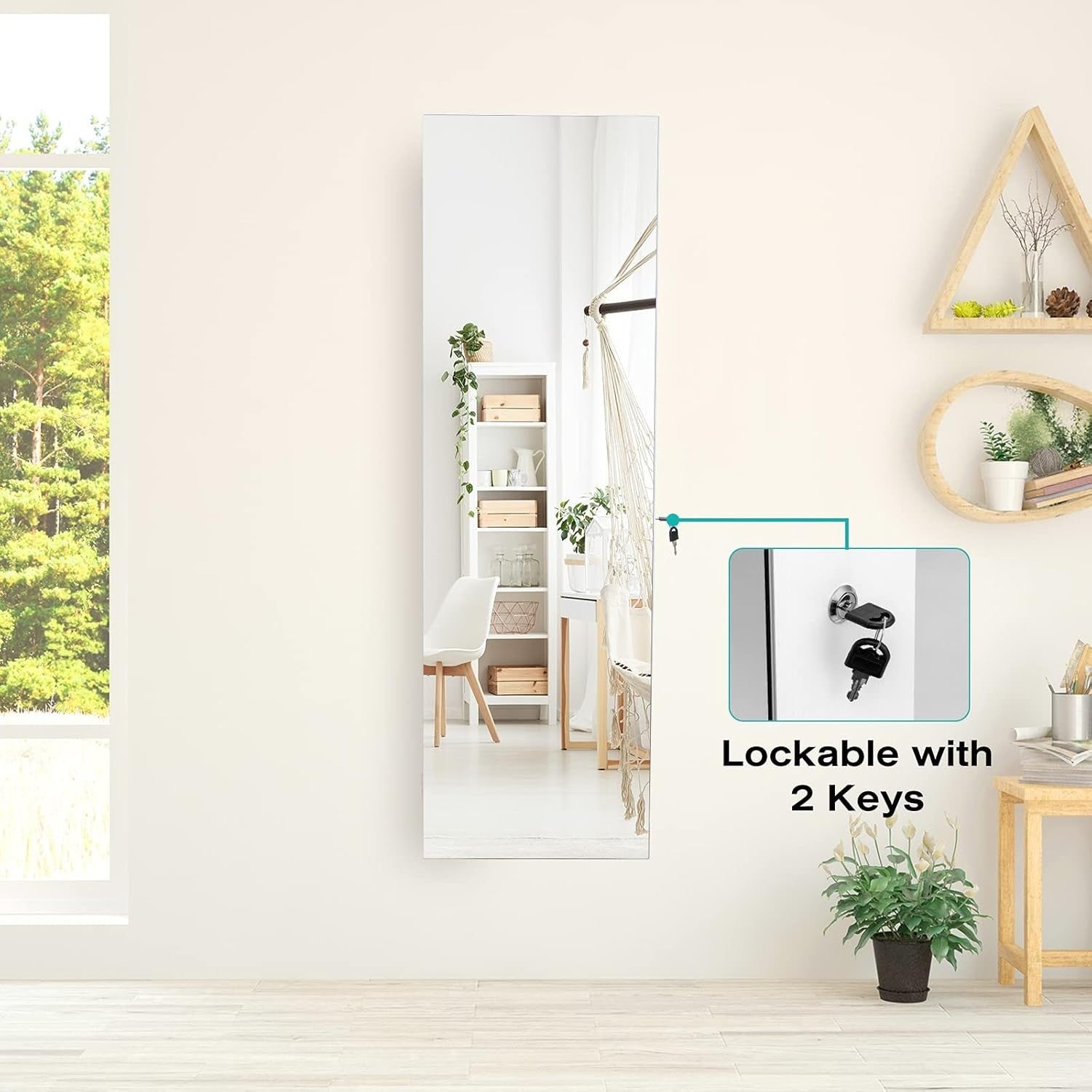 White LED Jewelry Cabinet Wall Mounted Mirror Lockable Storage Organizer
