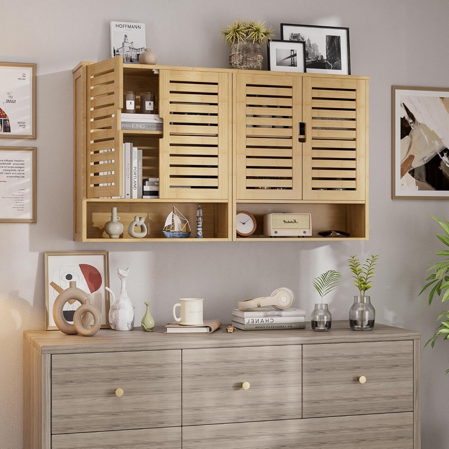 Natural Bamboo Bathroom Cabinet – Wall Mounted, Over Toilet, 2 Door Storage