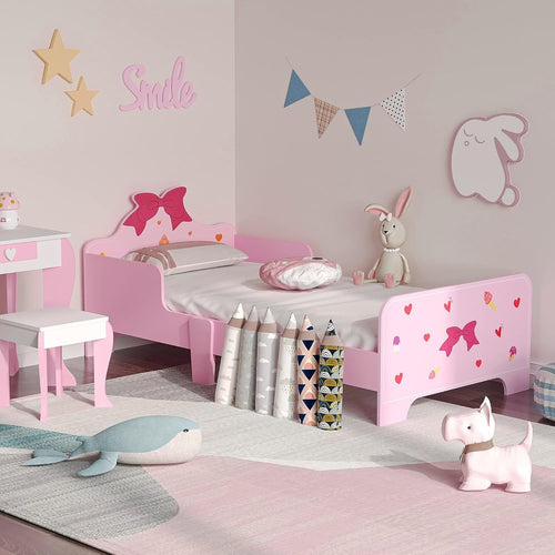 Kids Toddler Bed with Safety Rails Wooden Low Frame Girls Bedroom Princess Pink
