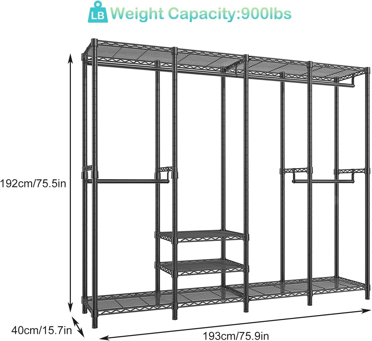 Heavy Duty Clothes Rail 4 Rod Adjustable Shelves Wardrobe Black