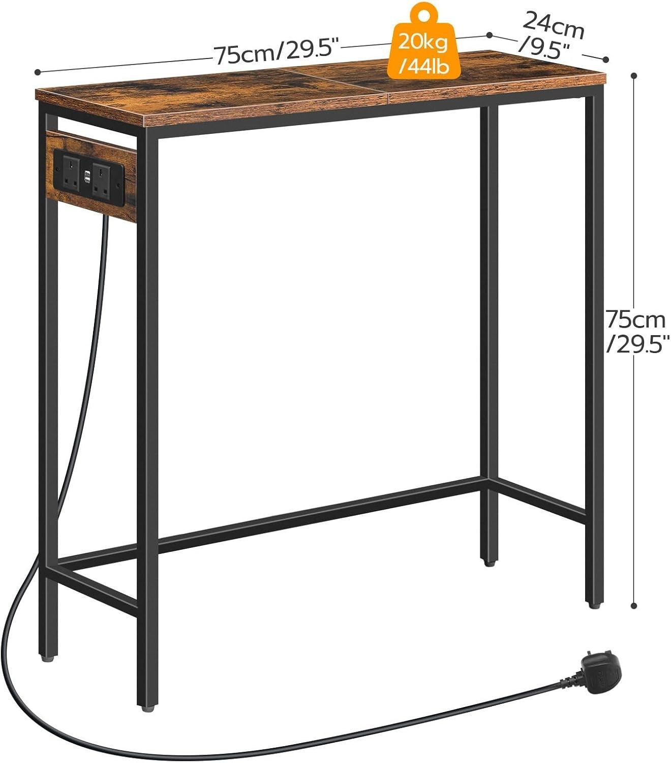 Slim Console Table with Charging Station, Rustic Hallway Desk for Small Space