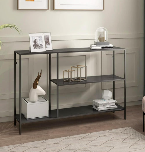 Slim Black Console Table with Storage Shelves – Modern Narrow Hallway Desk
