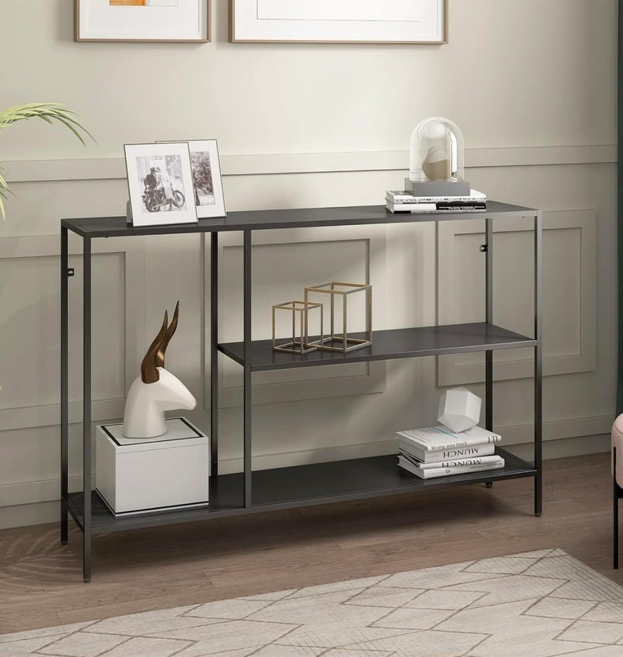 Slim Black Console Table with Storage Shelves – Modern Narrow Hallway Desk
