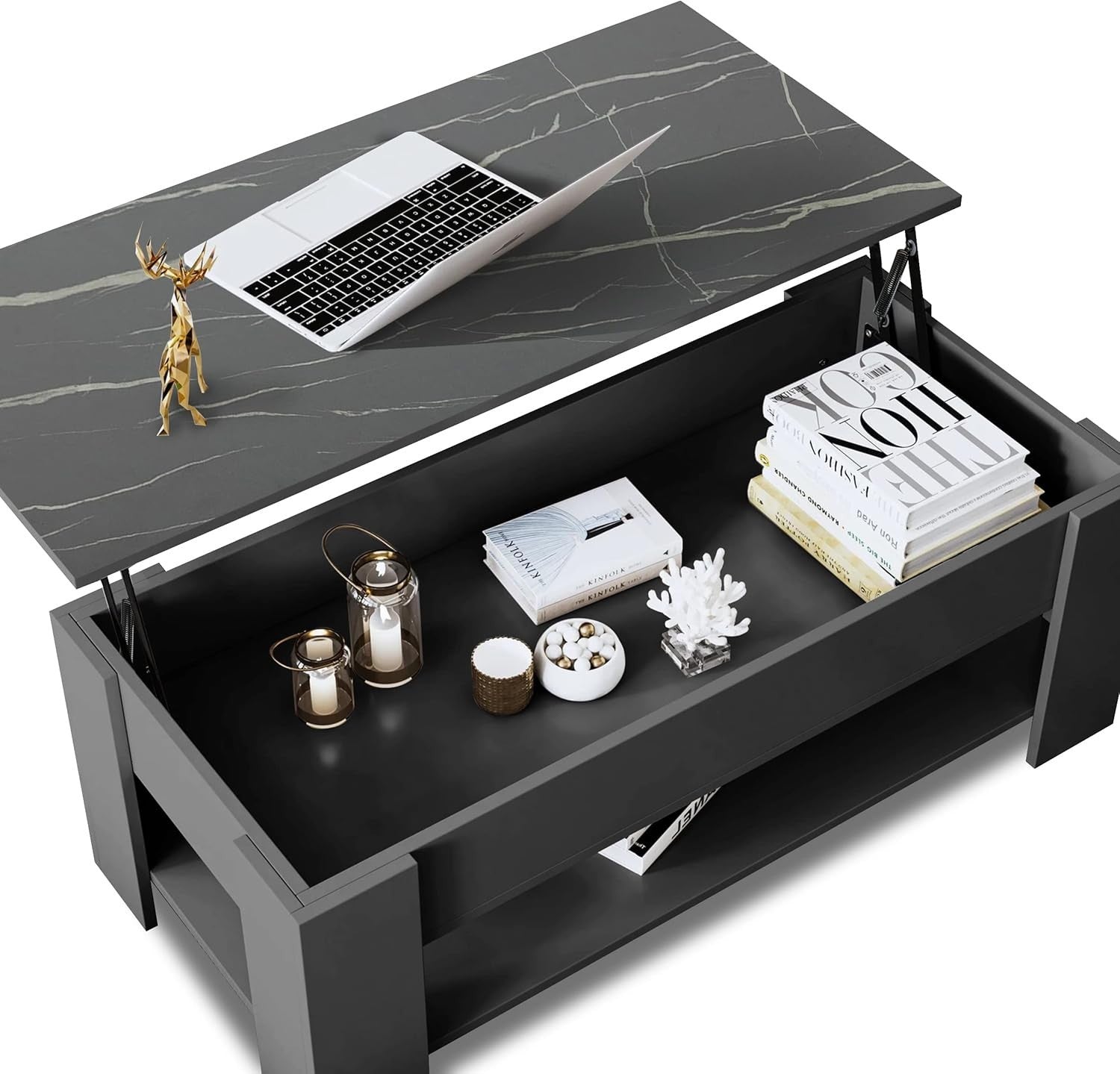 Lift Top Coffee Table with Hidden Storage & Shelf Grey Marble 120x60cm