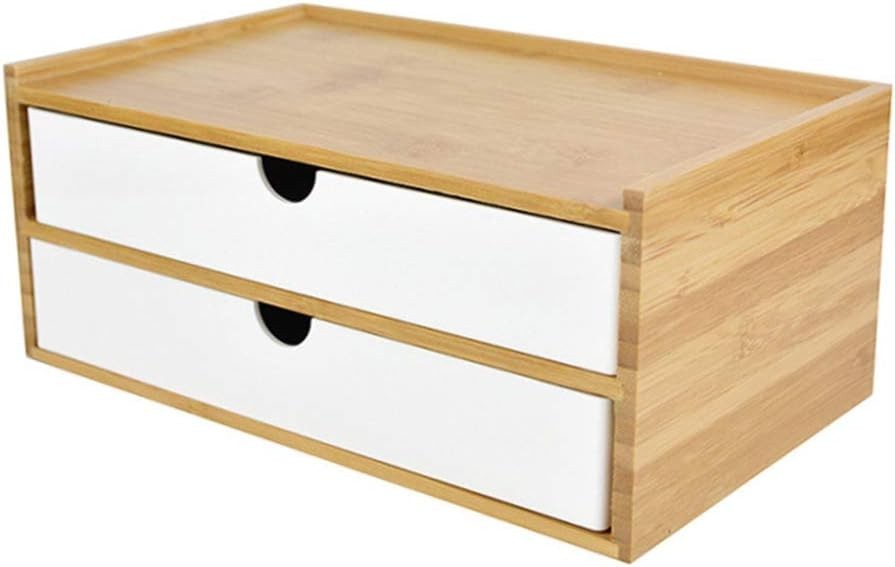 Desk Organizer Wooden Storage Chest 2 Drawers Makeup Holder Office Tidy