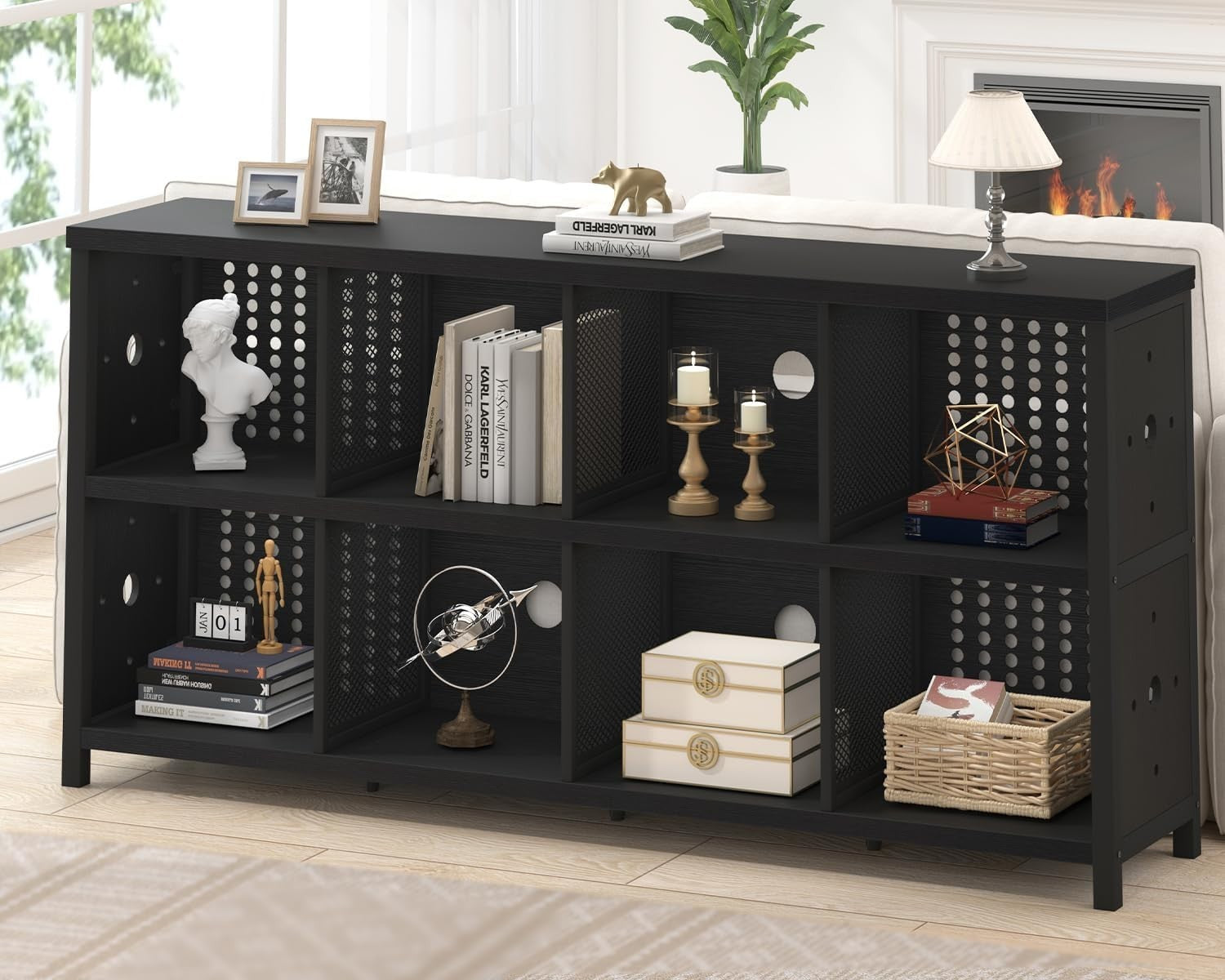 Black 8 Cube Wooden Bookcase Storage Shelf Cabinet Industrial Style 160x34x76cm