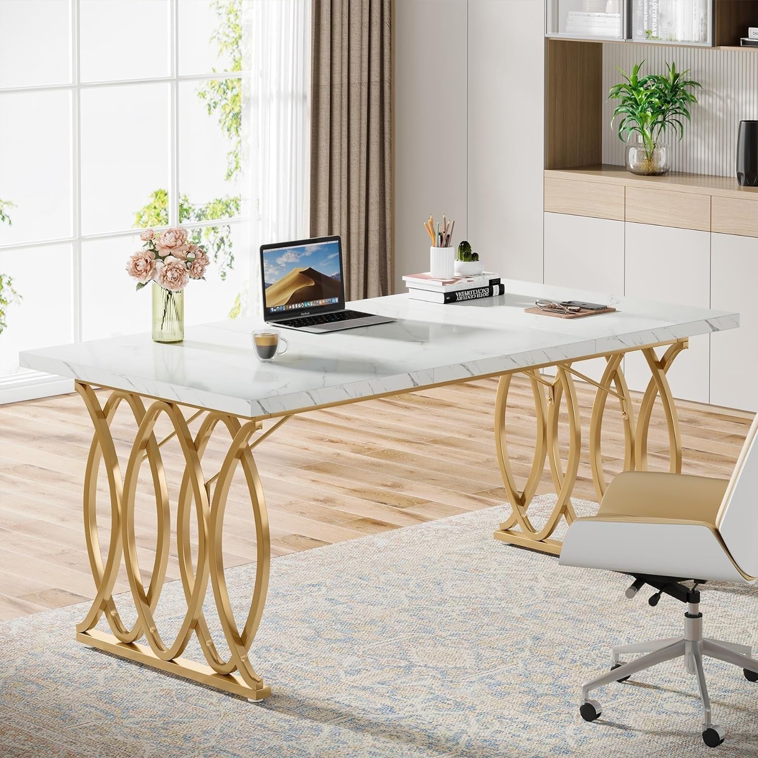 White & Gold Executive Desk 160cm – Large Modern Office Table w/ Storage