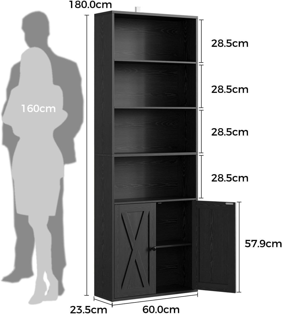 6 Tier Tall Black Bookcase with Doors Storage Display Shelf 60x23.5x180cm