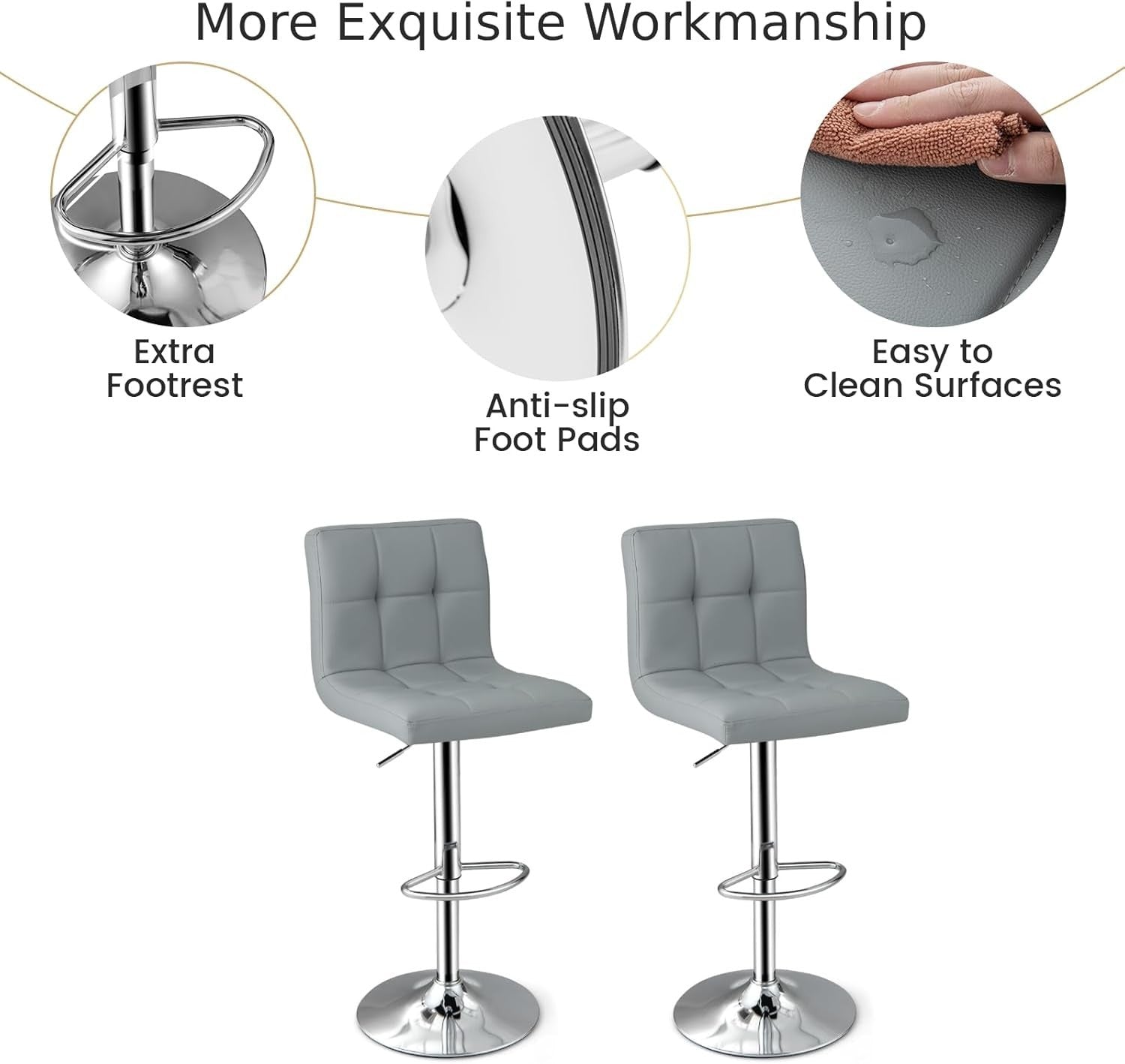 Set of 2 Adjustable Grey PU Leather Bar Stools with Swivel & Footrest
