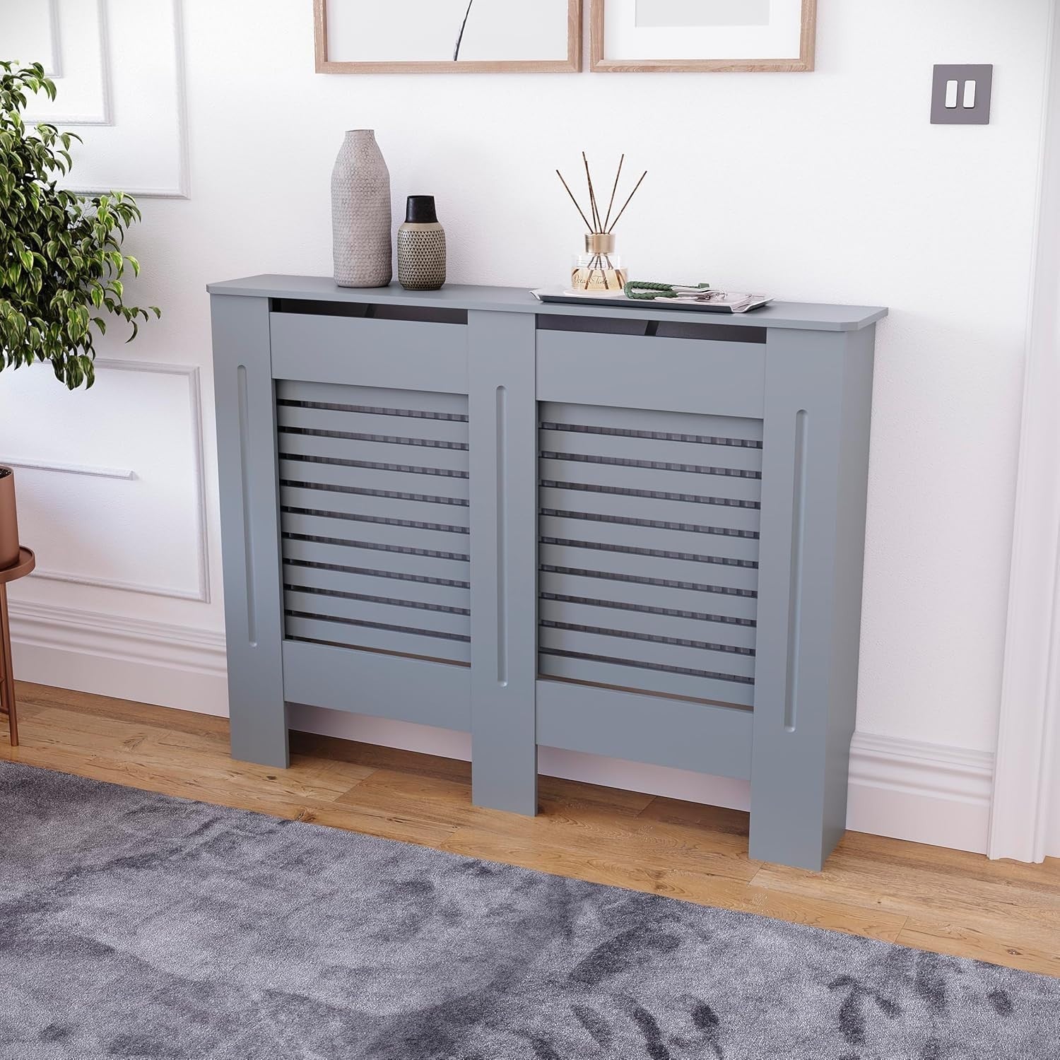 Medium Grey Radiator Cover 102x80x16cm Modern MDF Slatted Cabinet