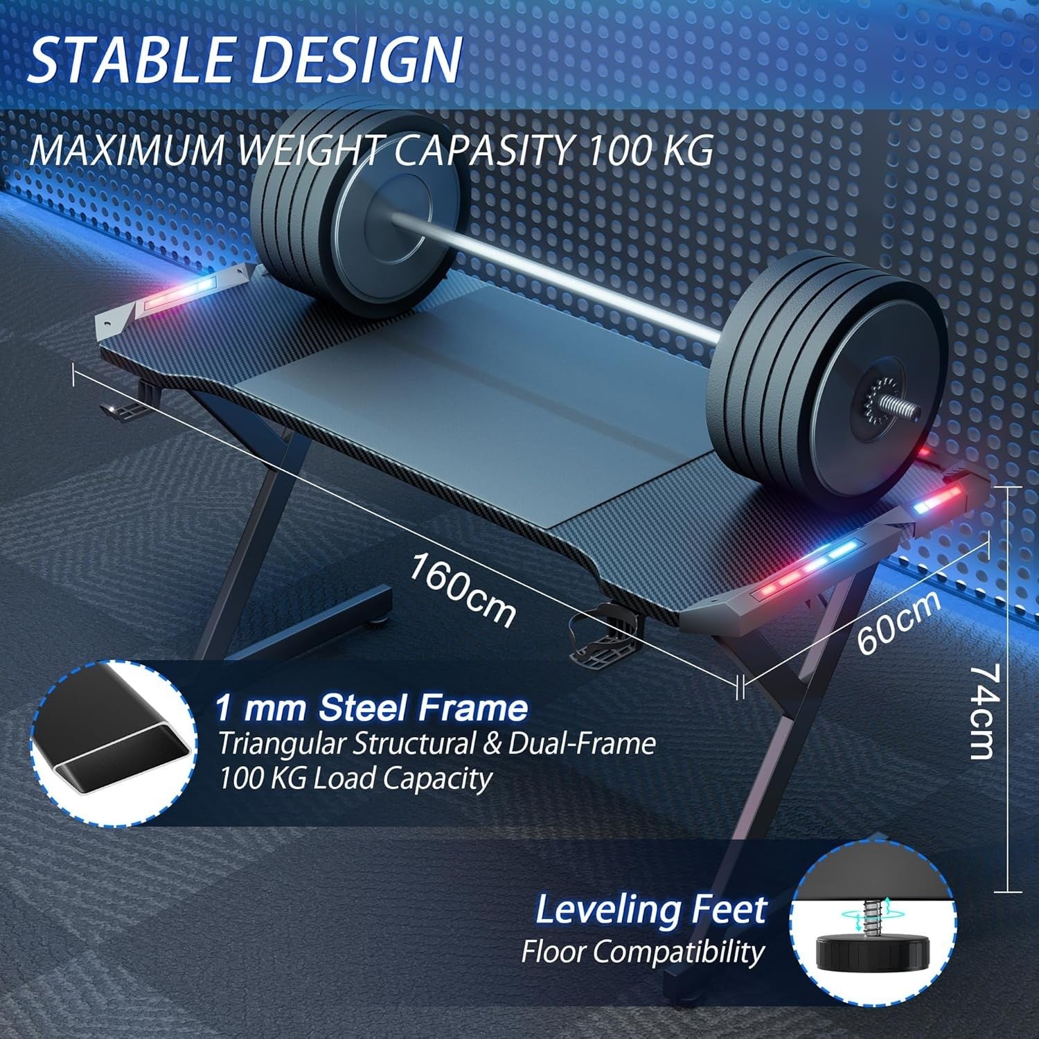 160cm Black RGB Gaming Desk w/LED Lights Cup Holder & Headset Hook