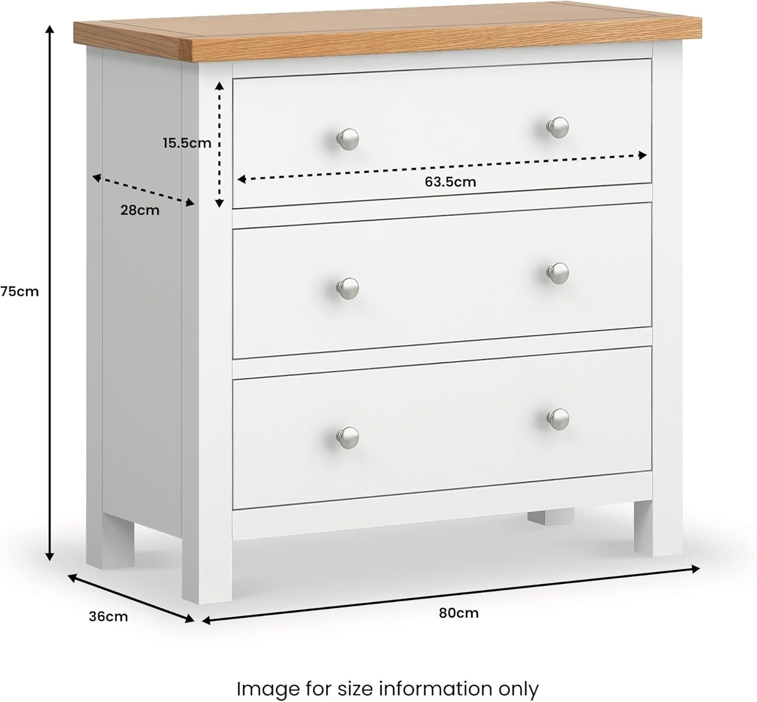 White 3 Drawer Solid Wood Chest Oak Top Bedroom Storage Cabinet Unit