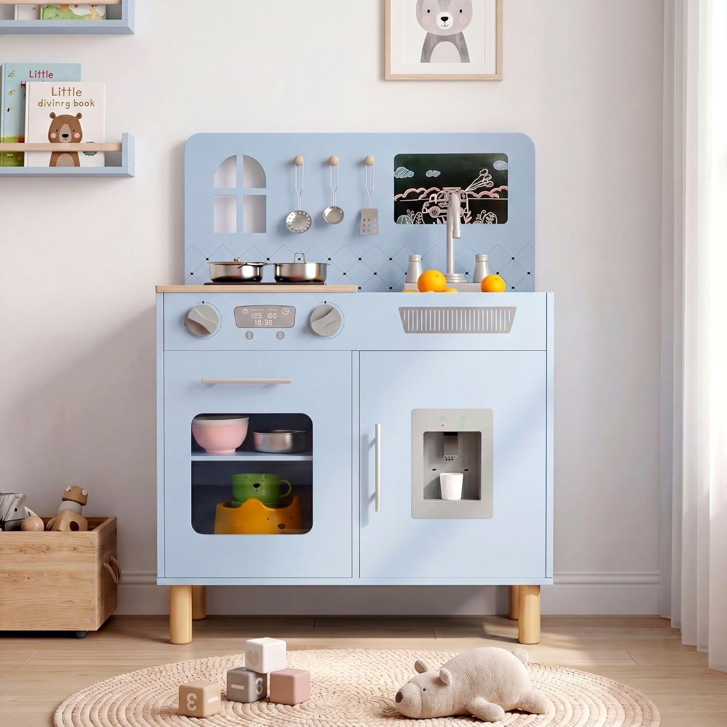 Kids Wooden Play Kitchen w/ Lights Sounds Chalkboard Blue Toy Set