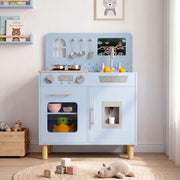 Kids Wooden Play Kitchen w/ Lights Sounds Chalkboard Blue Toy Set