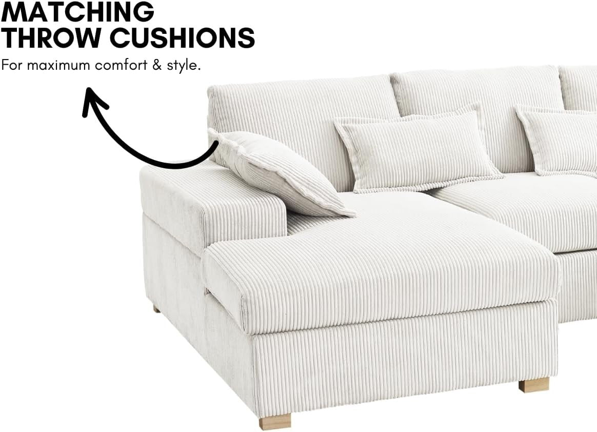 Large Cream Jumbo Cord U-Shape Sofa | Deep Seat, 5-Seater + Footstool