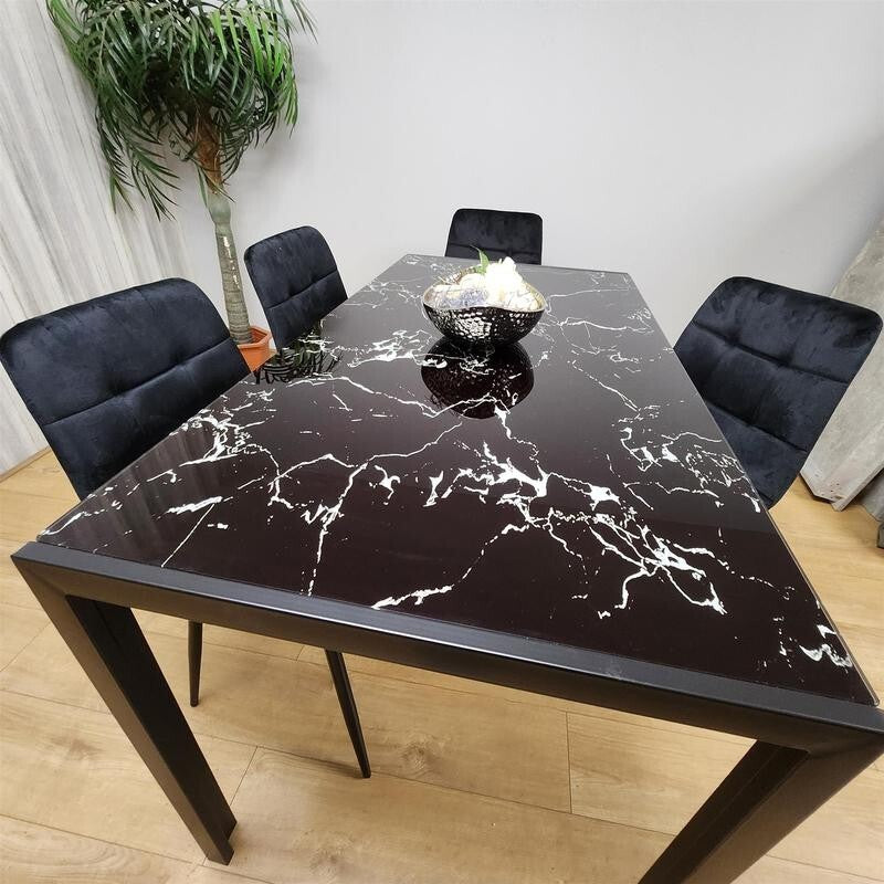Black Marble Effect Dining Table Set with 4 Velvet Chairs – Modern Glass