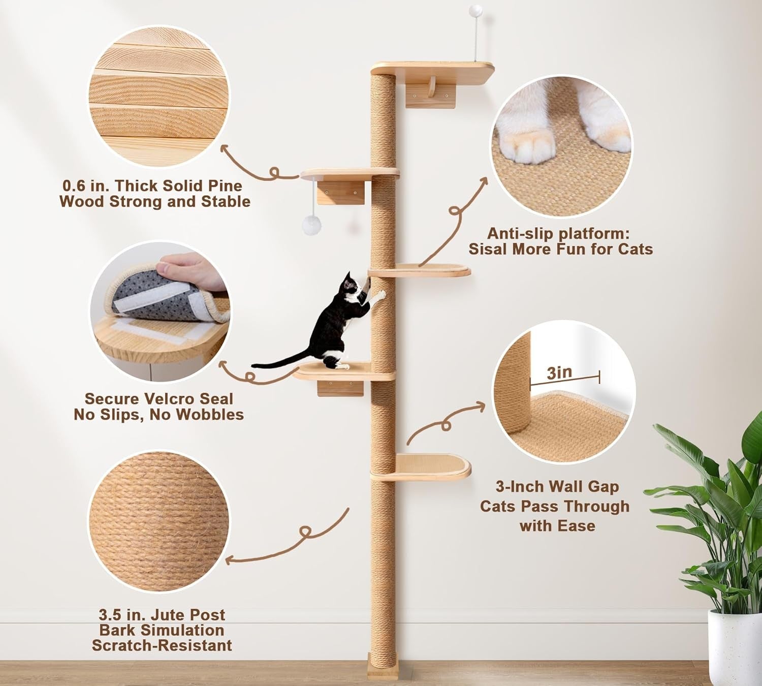 Tall Cat Tree 210cm Floor to Ceiling Wall Mounted Scratching Post 5 Tier