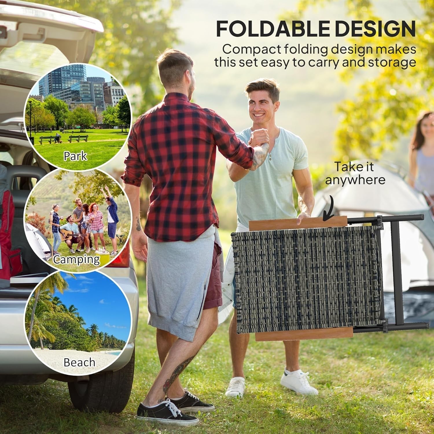 Space Saving Folding Bistro Set Rattan Chairs Round Table Balcony Garden