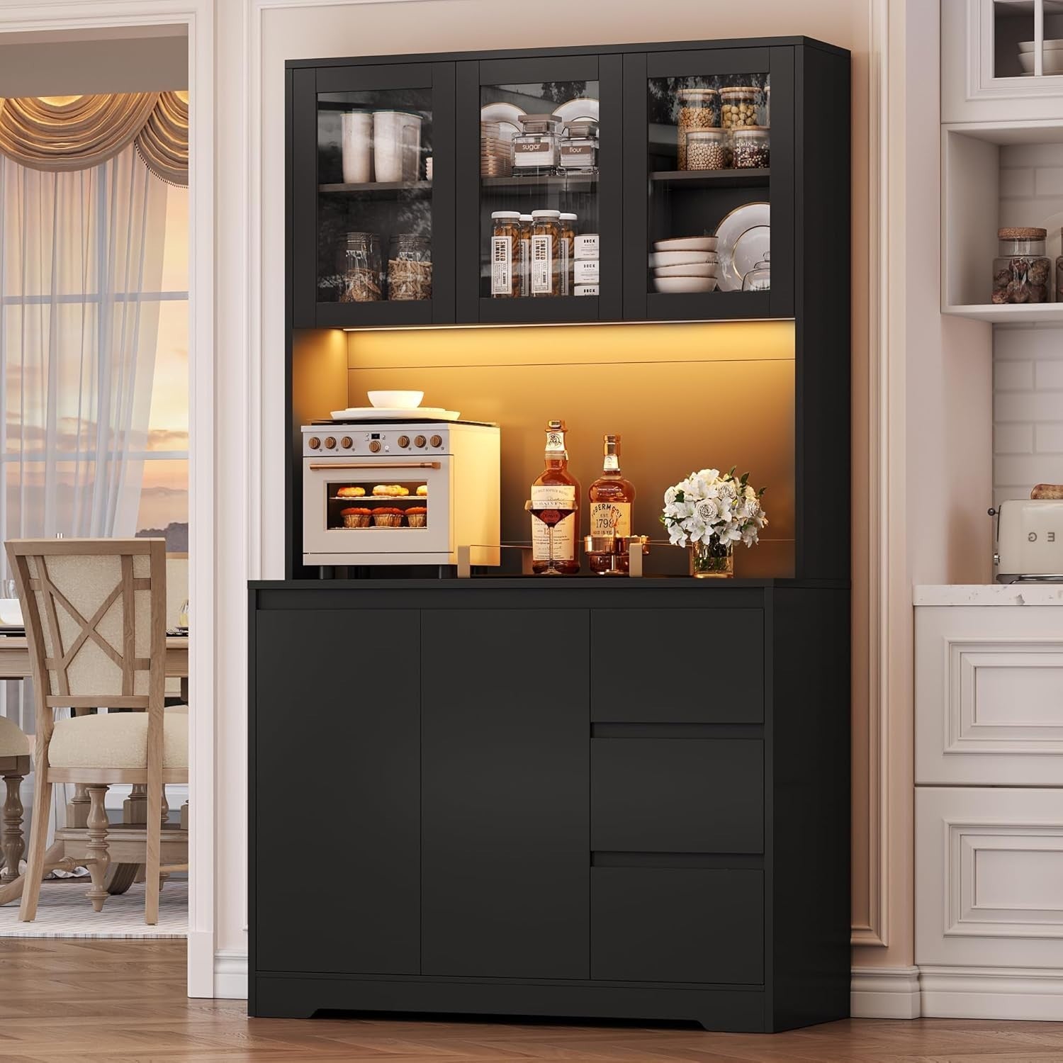 Black Tall Kitchen Cupboard with LED, Sockets, Drawers & Shelves