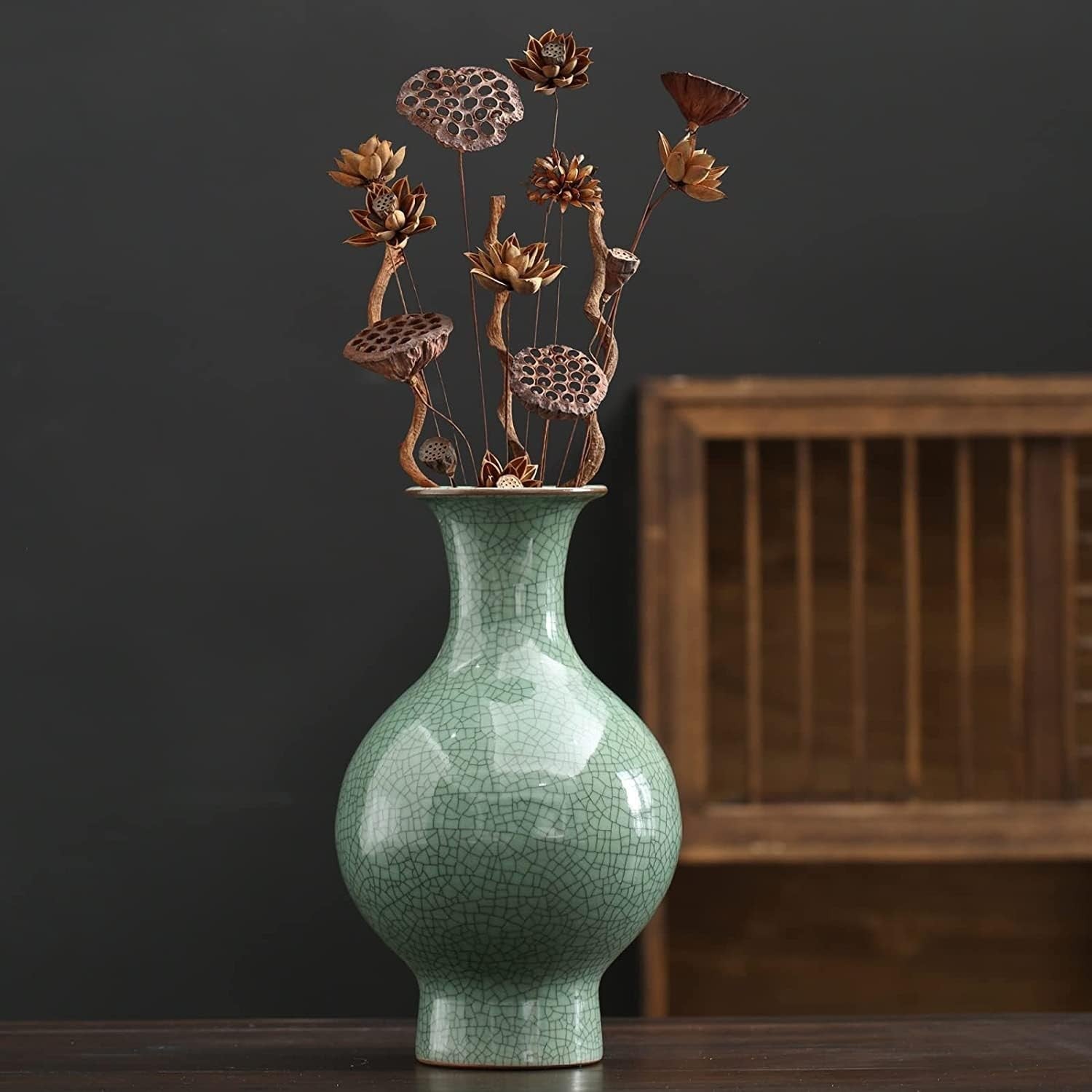 Chinese Ceramic Crackle Glaze Vase Green Antique Style Home Decor 28.5cm