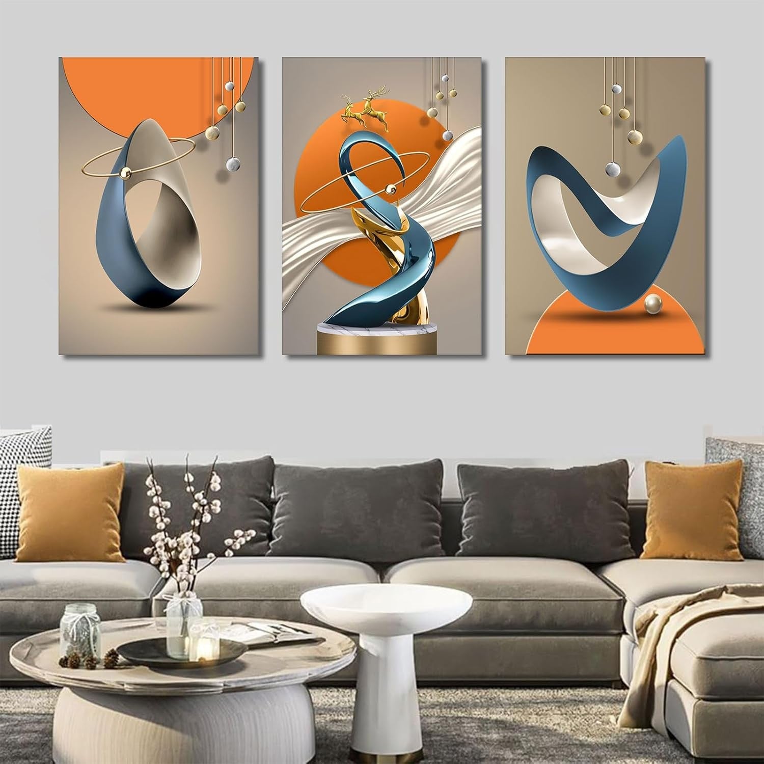 3Pcs Modern Abstract Canvas – Gold Deer Lines White Blue Orange Wall Art