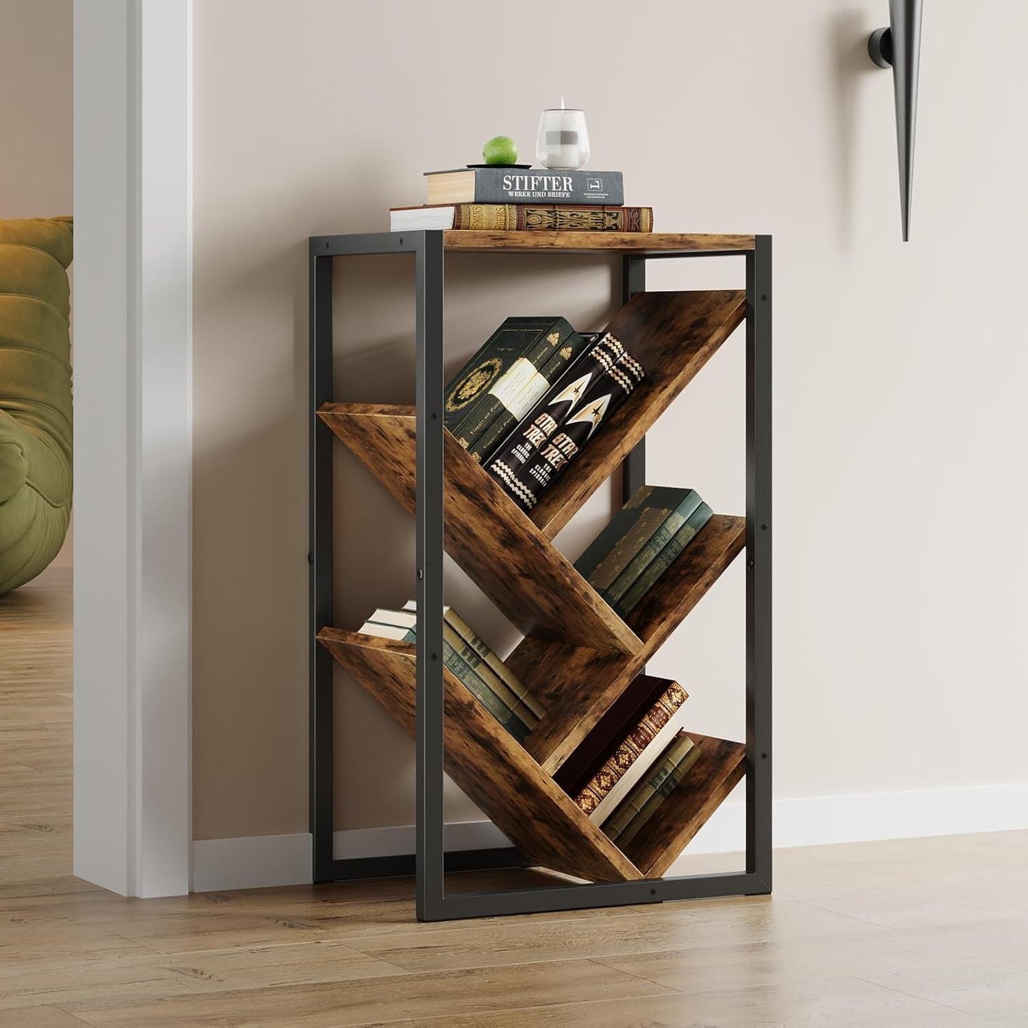 5 Tier Tree Bookshelf Small Rustic Bookcase CD Rack Storage Unit 38x28x65cm