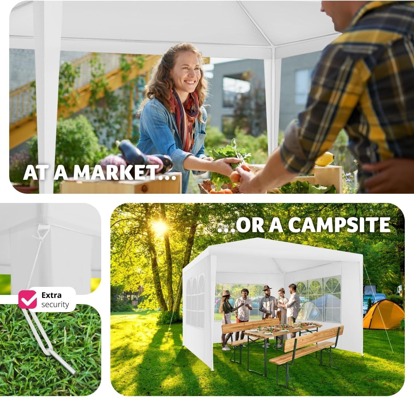 3x3m White Garden Gazebo Waterproof UV Shelter w/ 3 Side Panels & Steel Frame