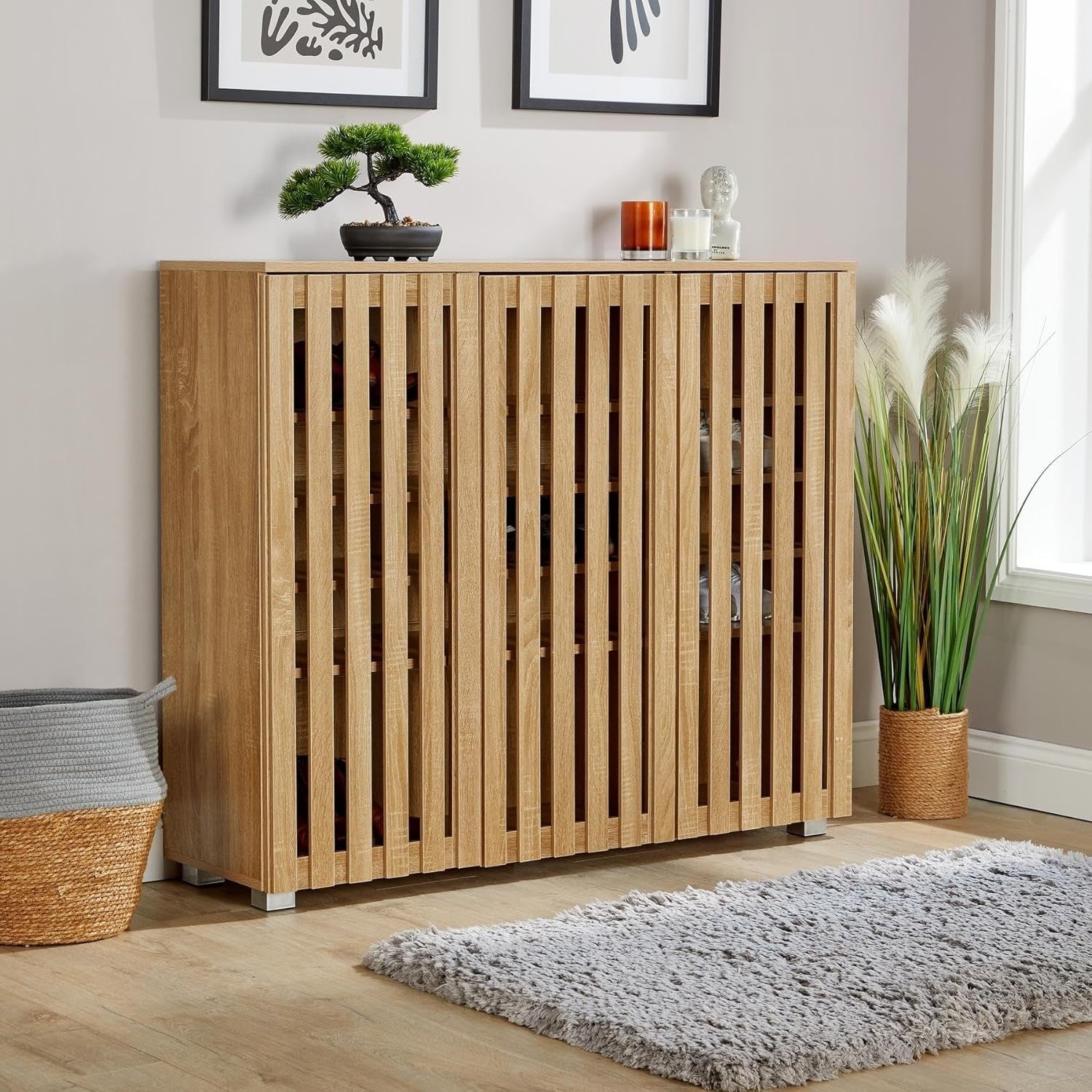 Spacious 3 Door Wooden Shoe Cabinet with 8 Shelves | Oak Effect Storage