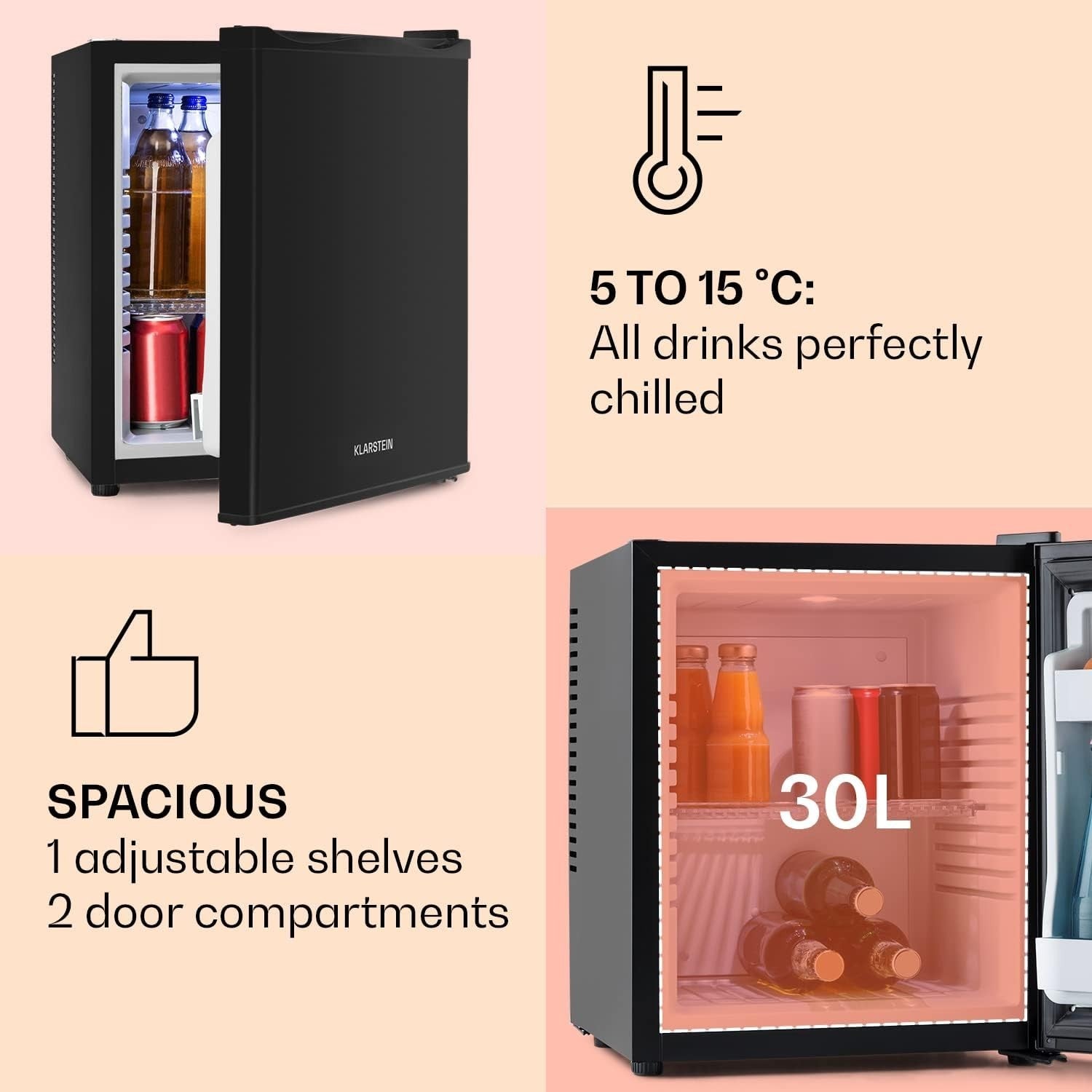 30L Mini Fridge Black Portable Cooler and Drinks Fridge Adjustable Shelves