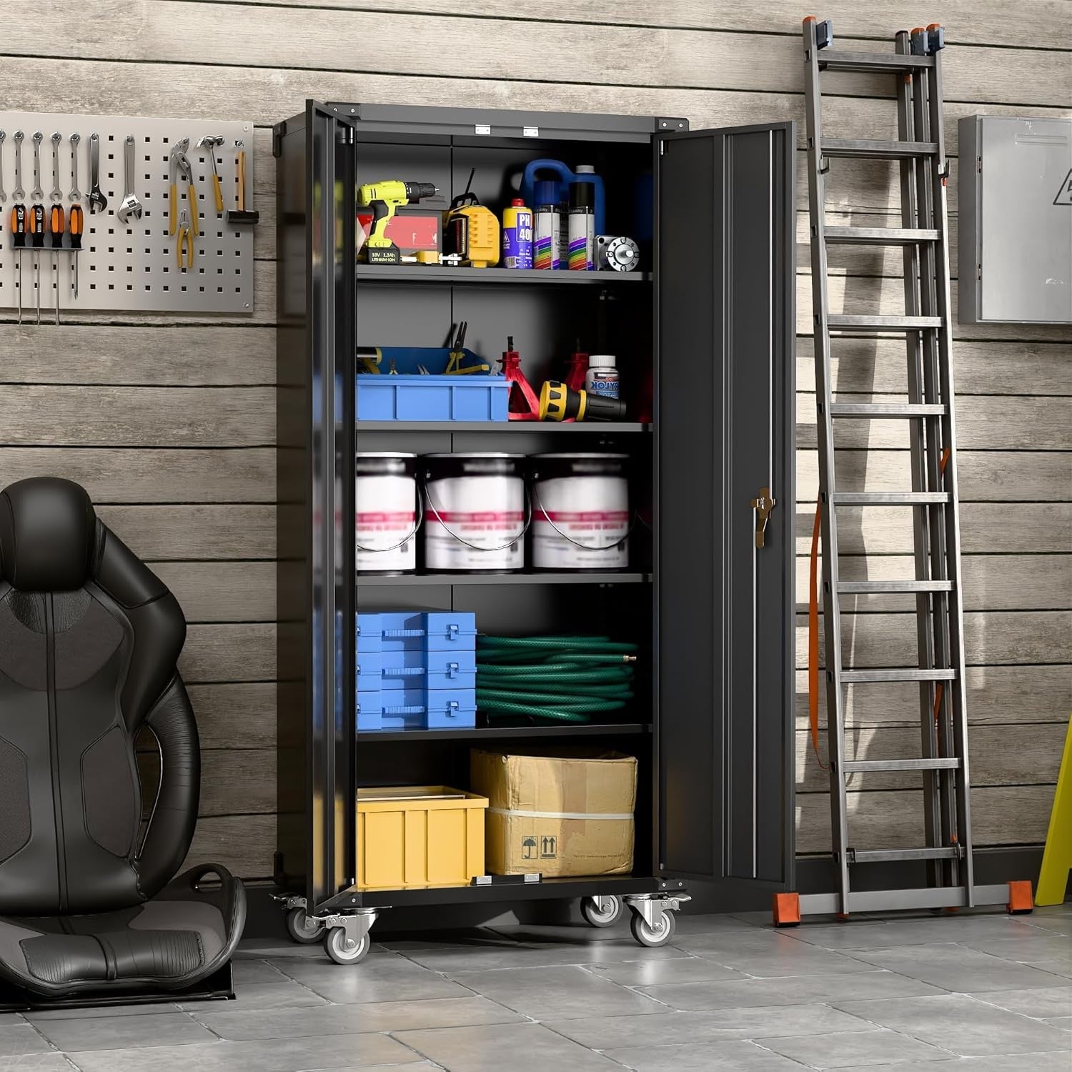 Tall Metal Storage Cabinet 183cm Lockable Doors Shelves Wheels Home Garage
