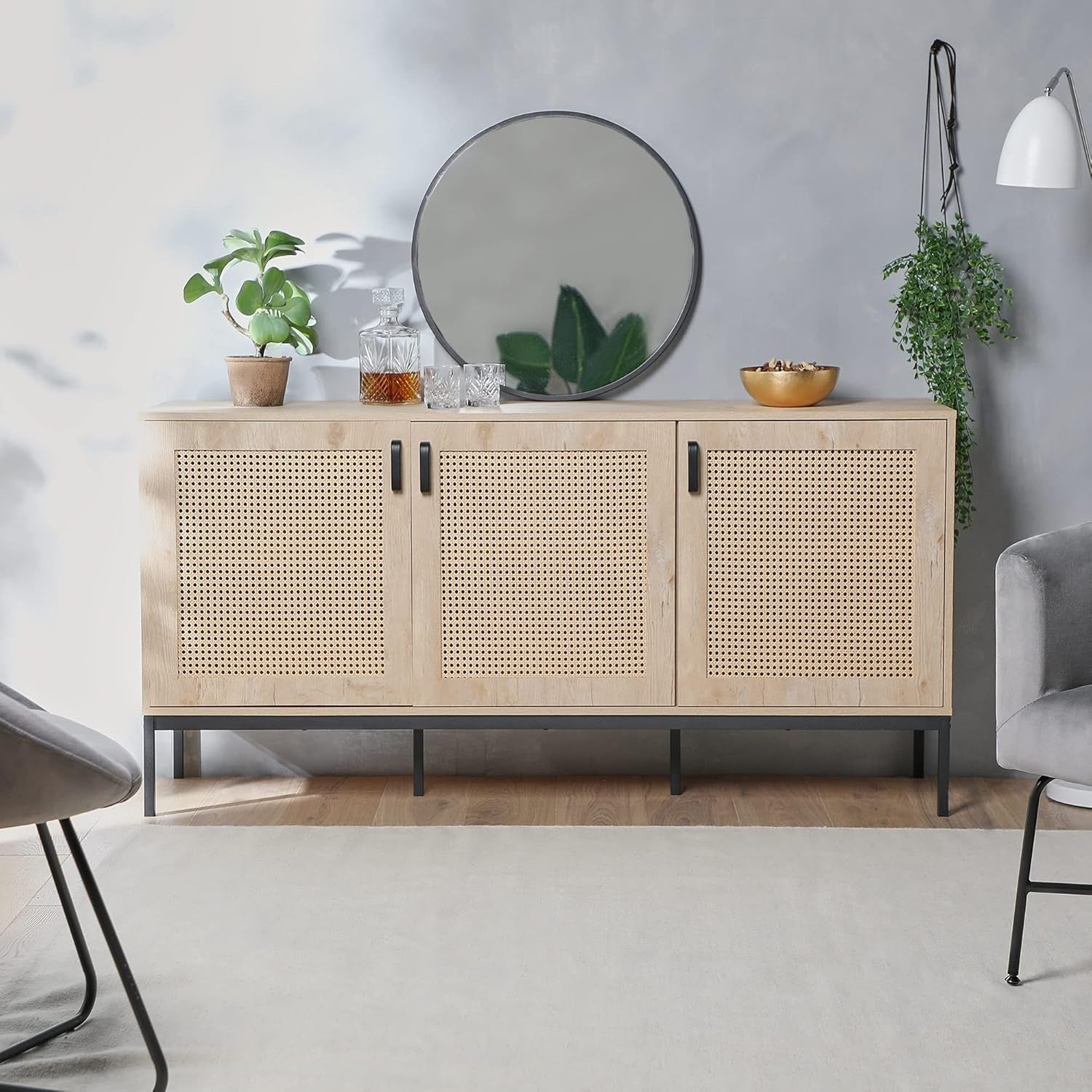Scandi Rattan Sideboard Cabinet 3 Door Storage Unit Light Wood