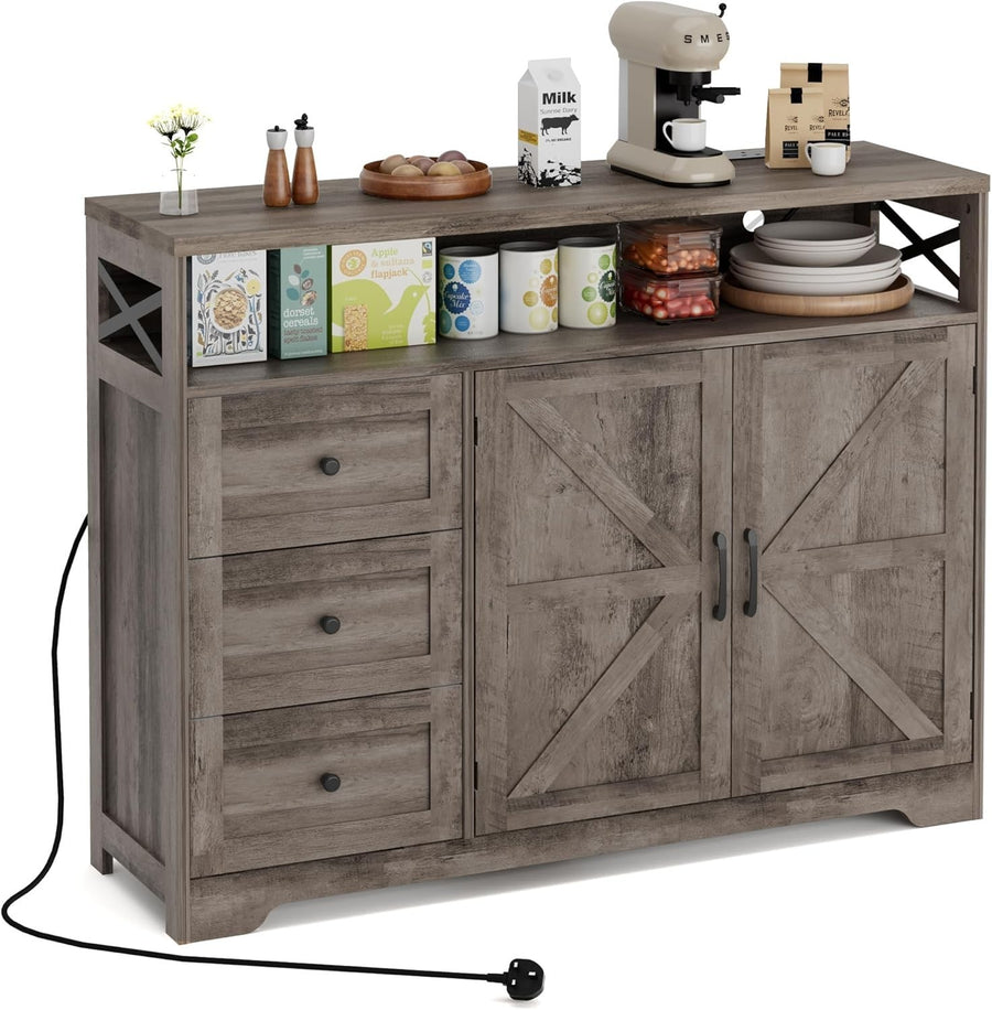 Grey Sideboard Cabinet 95cm Storage Unit Drawers Adjustable Shelf Charging Hub