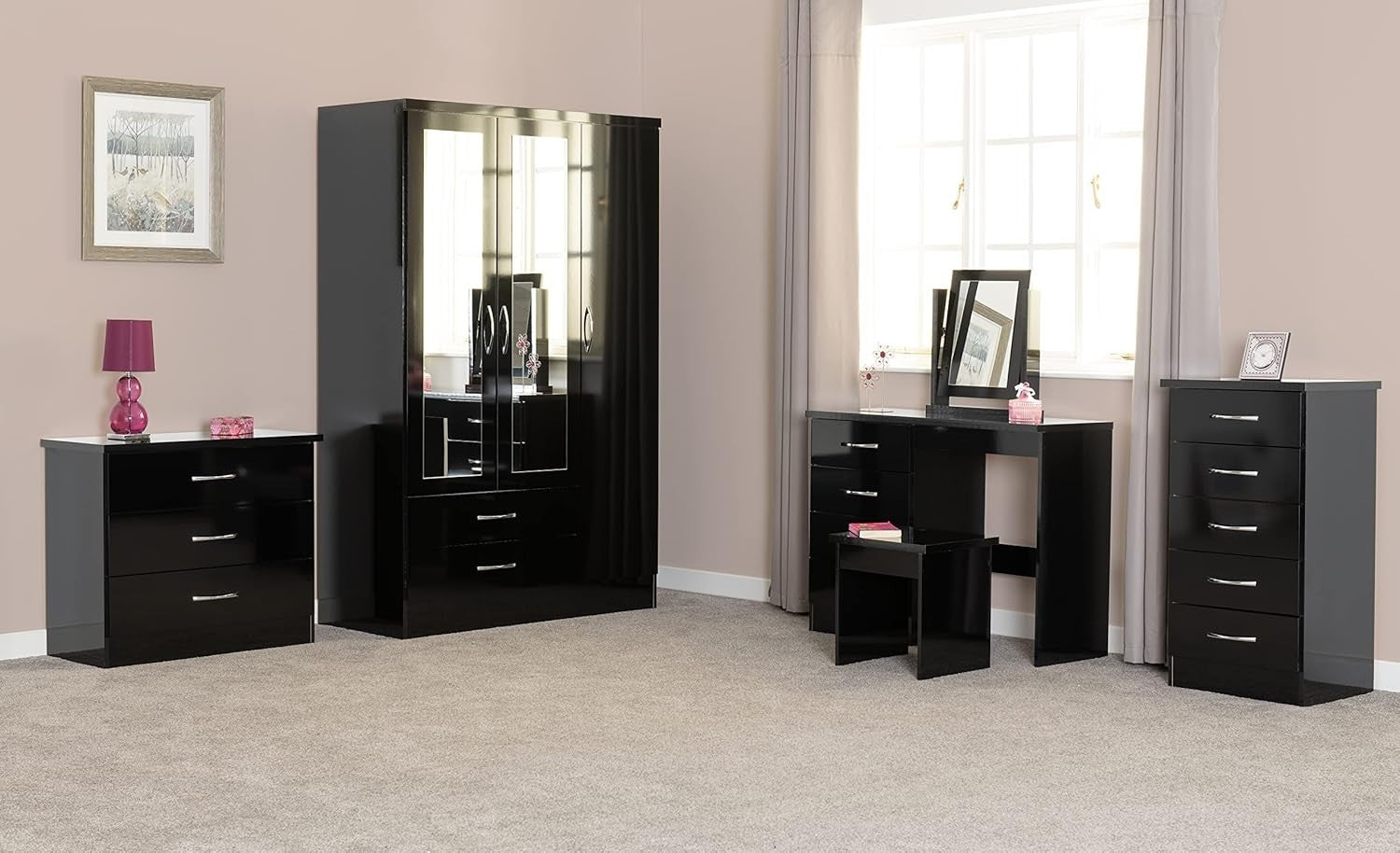 Modern Dressing Table Set Black Gloss 4 Drawers Stool Mirror Vanity Desk