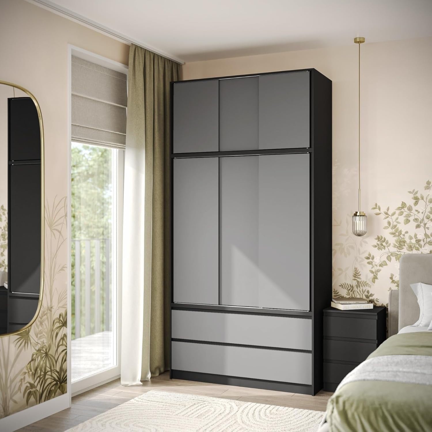 Grey Sliding Door Wardrobe 6 Doors 4 Drawers 240cm Modern Closet Storage