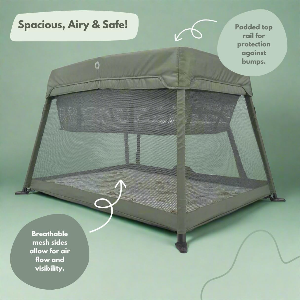 Travel Cot Playpen Lightweight Foldable Baby Bed with Mattress & Storage Green