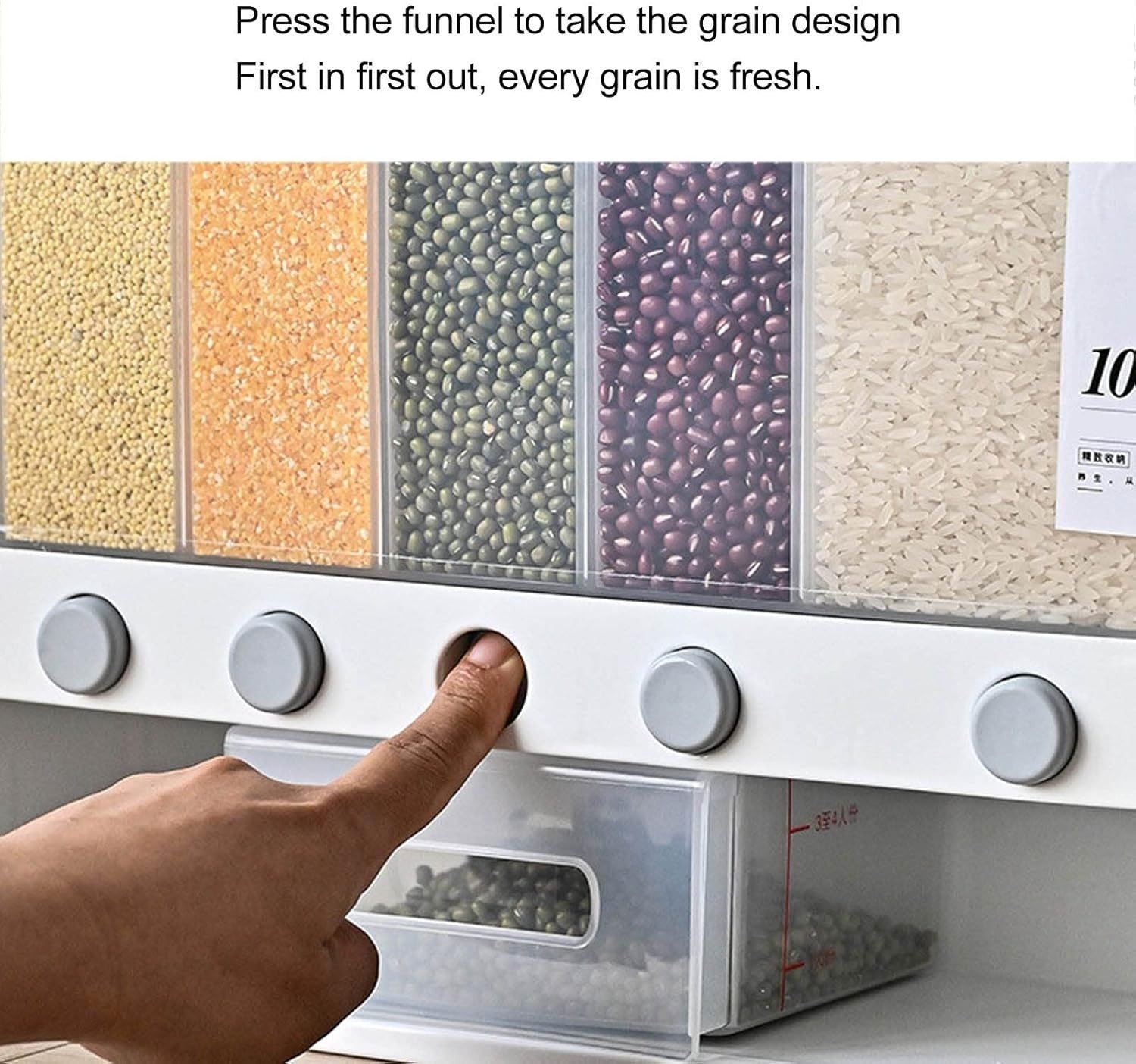10L Wall Mounted Rice Dispenser 6 Grid Sealed Grain Storage Bin