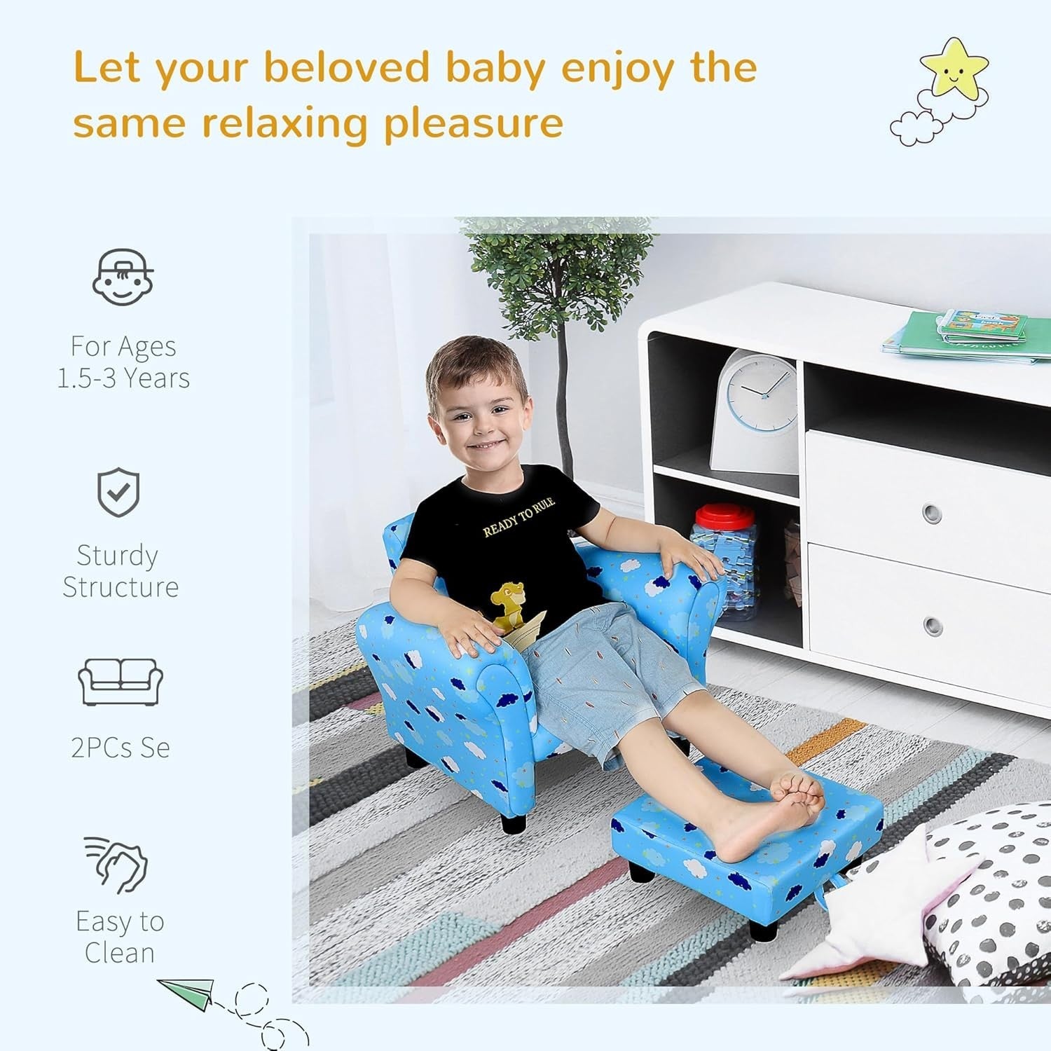 Toddler Armchair with Footrest Kids Sofa Chair Blue Cloud Star Design 18-36M