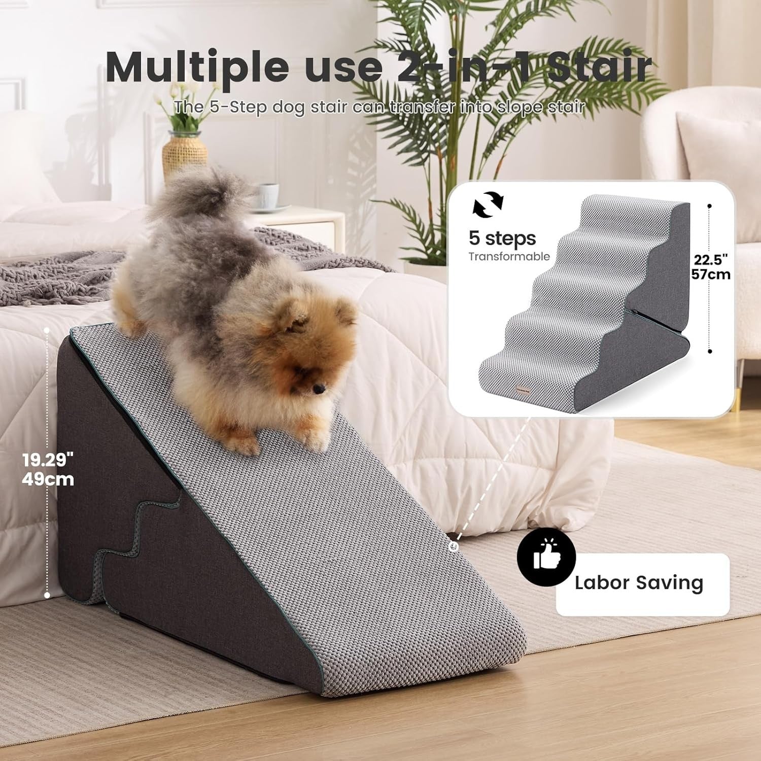 Adjustable 5 Step Dog Stairs Pet Ramp Non Slip Washable Grey