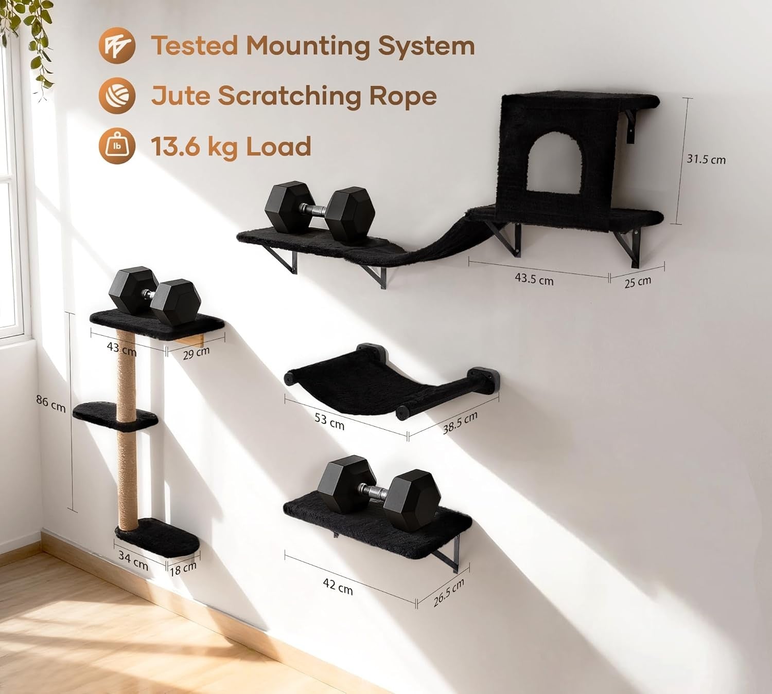 Cat Wall Shelves Set Wall Mounted Climbing Shelves Scratcher Hammock Condo